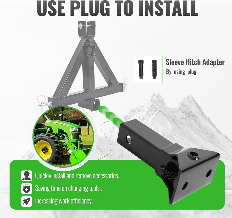 WUTIST Sleeve Hitch Adapter for 2" Receiver Compatible with 3-Point Hitch Sub-Compact Tractor Steel Lawn Garden Farm Tractor Hitch Adapter Black - Image 2